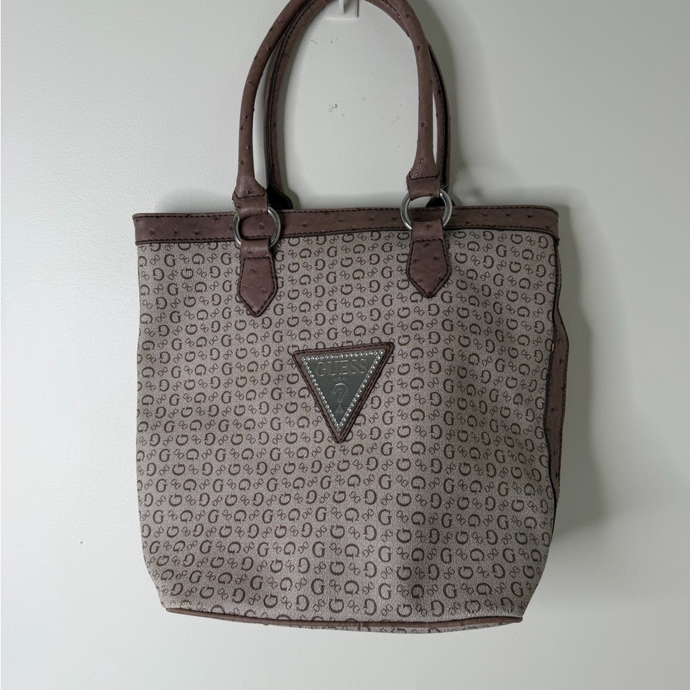 Vintage GUESS Monogram Tote Bag - Ostrich Trim & Rhinestone Logo